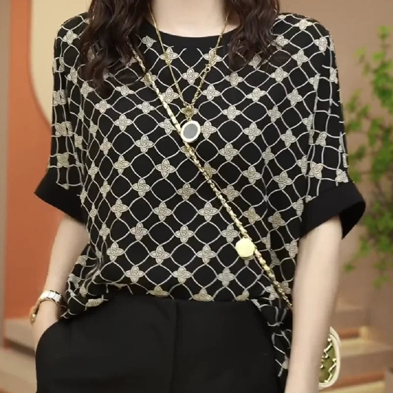 Vintage Fashion Summer Women's O-Neck Printing Screw Thread Patchwork Batwing Sleeve Temperament Versatile Loose T-Shirts Tops