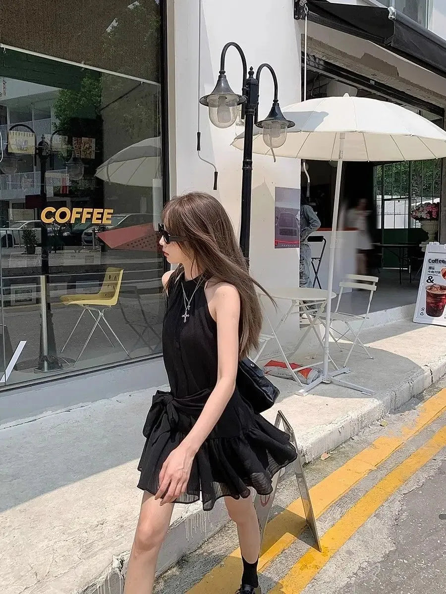French Style Off-Shoulder Blue Summer Dress Women's Fashion Knot Waist A- Line Mini Skirt Black Short Skirt Sleeveless Gown