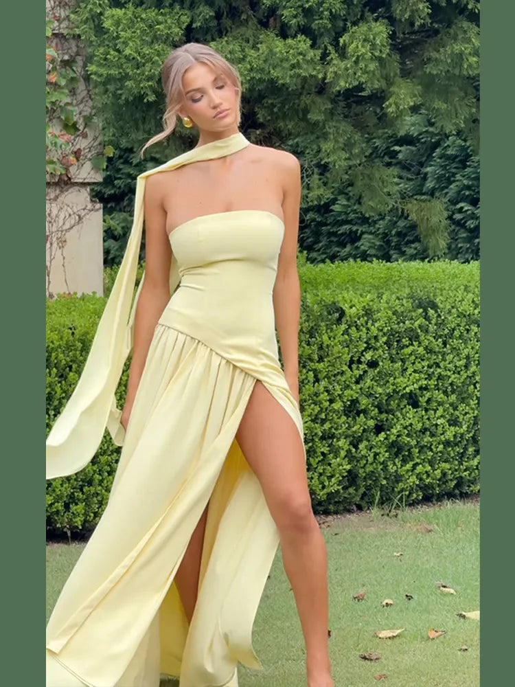Butter Yellow Scarf Neck Split Long Dress Women Elegant Strapless Slim Fit High Waist Vestidos 2025 Lady Evening Party Gowns New