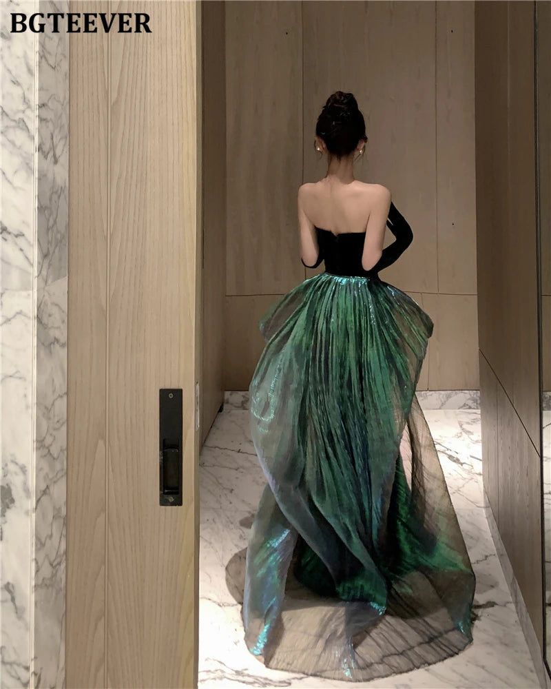 BGTEEVER Fashion Spring Ladies Sleeveless Party Velvet Dress Elegant Slim Waist Women Floor-Length Package Hip Strapless Dress