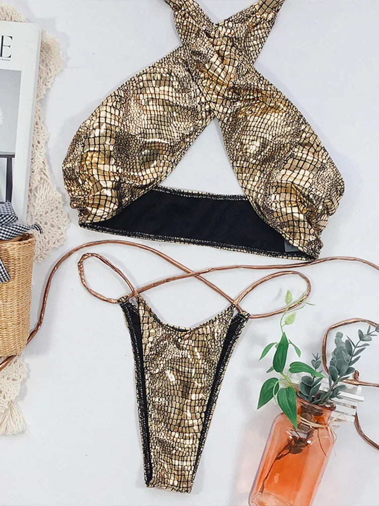 Snake Skin Mini Micro Thong Bikini Women Swimwear Female Swimsuit Two Pieces Bikini Set Halter Wrap Around Bathing Suit Swim