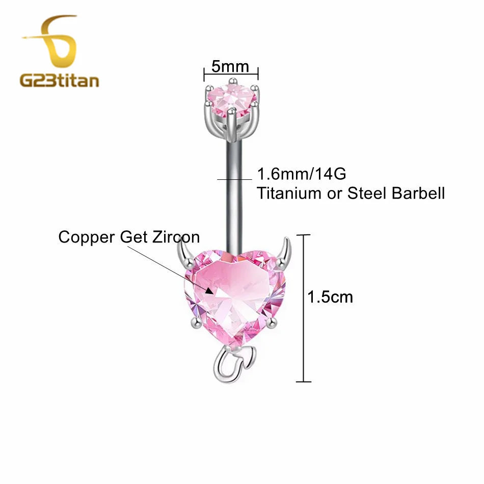 G23Titan Sexy Evil Heart Belly Button Ring Pink CZ Zircon 14G Titanium Navel Piercing Bar Women's Body Party Jewelry Accessories