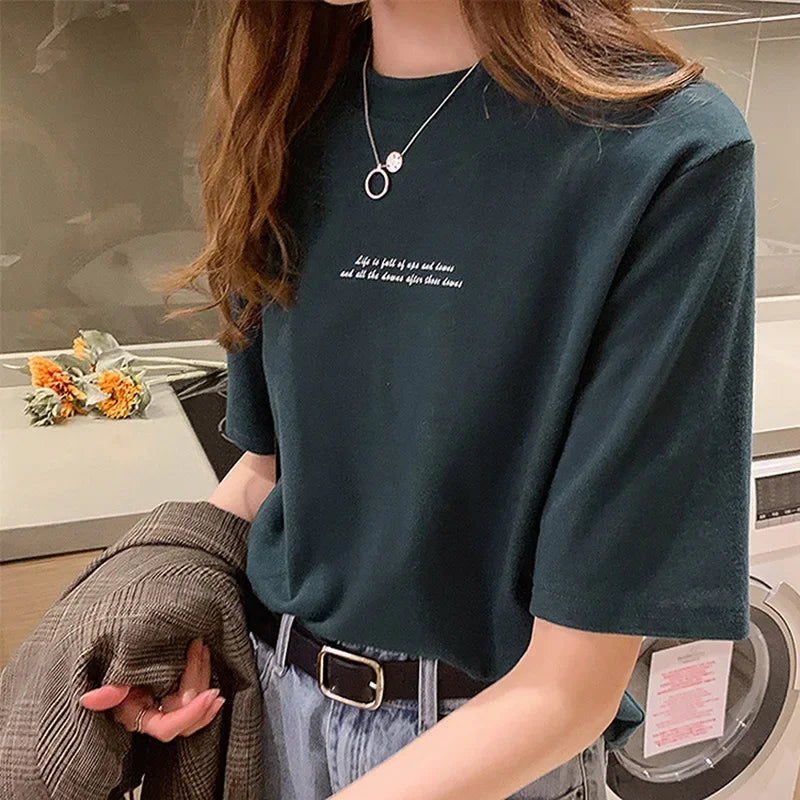 2024 Summer New Style Women's Short Sleeve T-Shirt Loose Fit Korean Version Round Neck Base Layer Top Trendy Women's T-Shirt