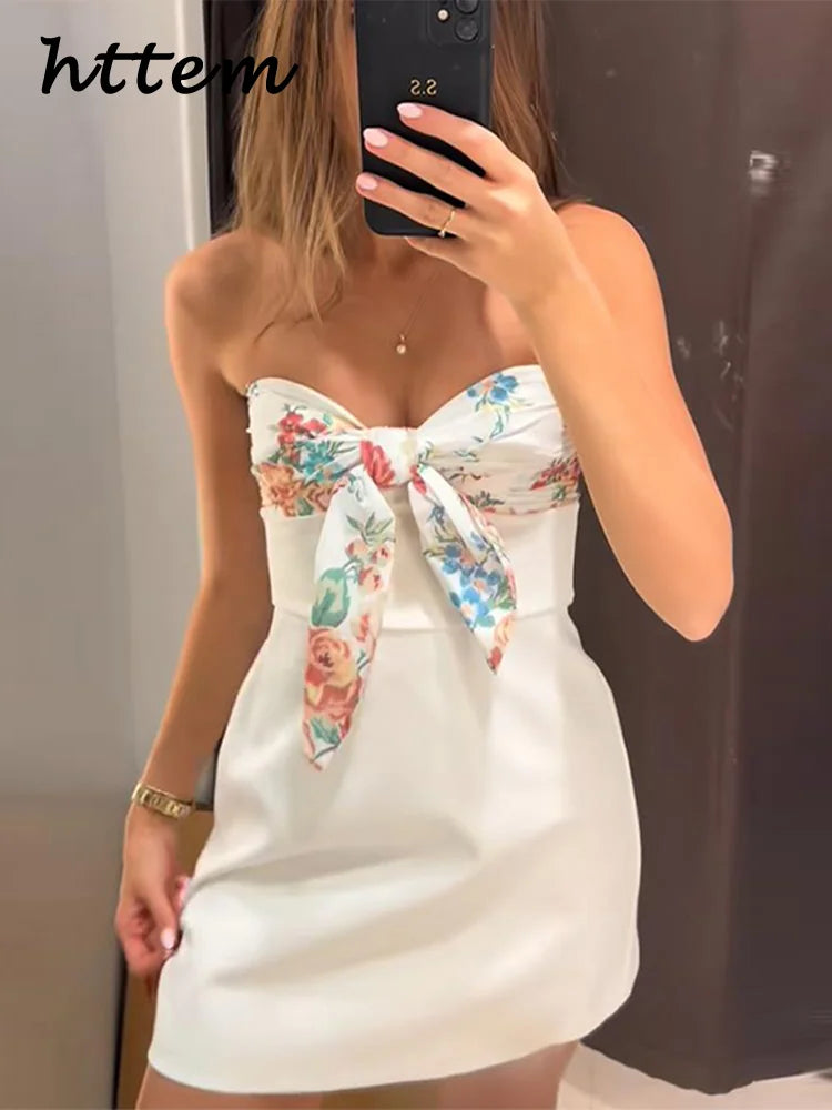 Sexy Women's Printed Bow Short Dress Patchwork Strapless Sleeveless Backless Party Dresses Female 2025 Summer Lady Chic Robes