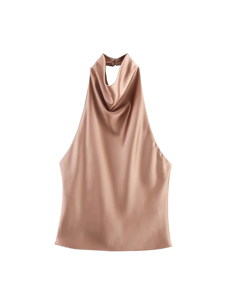 TFMLN Elegant Halter Top for Women Spring Summer Sexy  Backless High Street Waistcoat Female Fashion Solid Halter Neck Tops