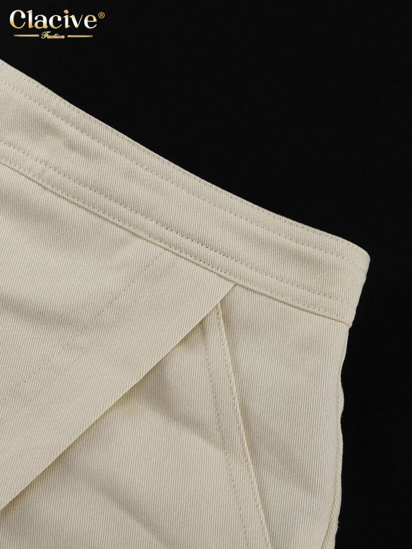 Clacive Fashion Loose Beige Cotton Women's Two Pieces Set Summer Short Sleeve Shirt With High Waist Shorts Set Female Clothing