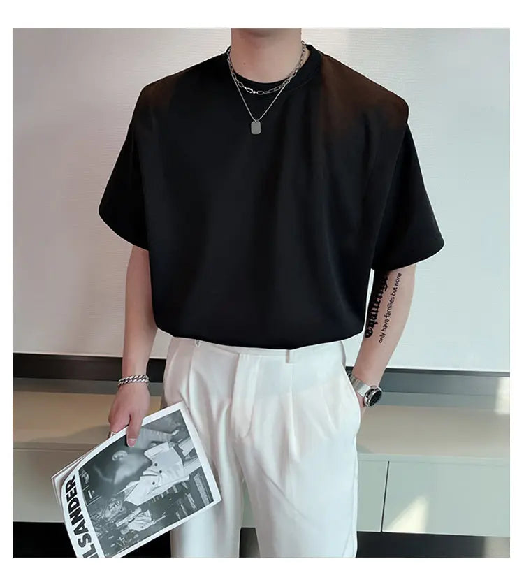 Summer Short Sleeve T-shirt Men Fashion Black White Oversized T Shirt Men Streetwear Korean Loose Round Neck Tshirt Mens Top