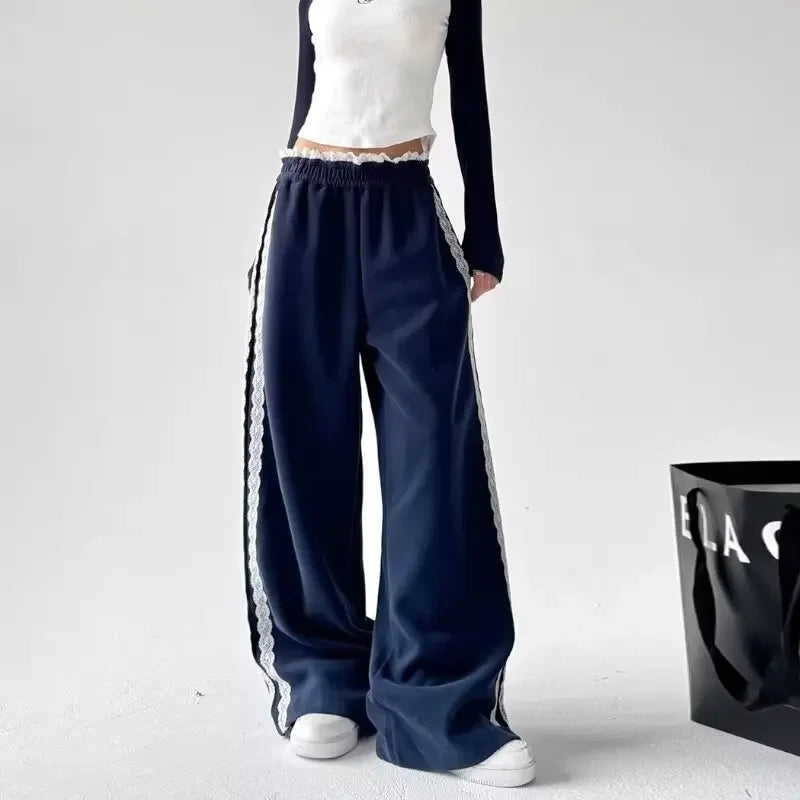 Trendy Casual Wide Leg Pants Women's Autumn Winter High Waist Splicing Lace Trim Drapey Slimming Sporty Trousers