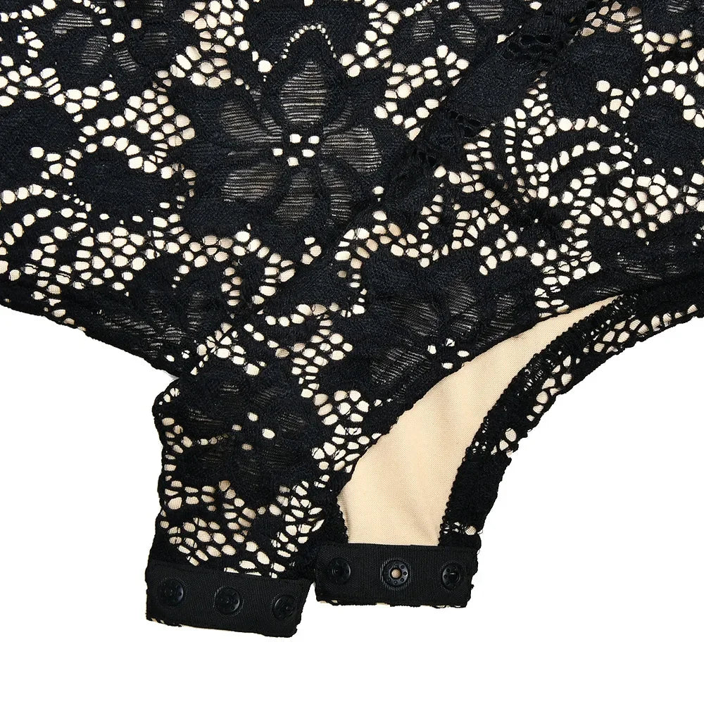 Women's Hollow Out Flare Sleeve Lace Bodysuit 2025 Female Elegant One Piece Black Tights Tops Evening Party Jumpsuit Clubwear