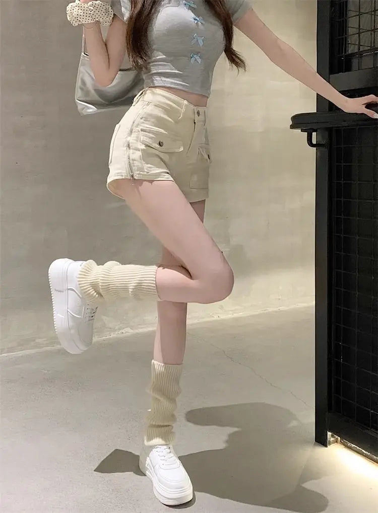 Sexy Hottie Slim Denim Shorts Women Summer Simplicity Office Lady Solid Color Cargo Fashion High Waist Appear Thin Wide Leg