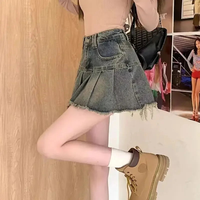 Vintage Fringe Design Slimming High-waisted Denim Skirt Women's Mini Dress Plenty Wrinkles For Summer