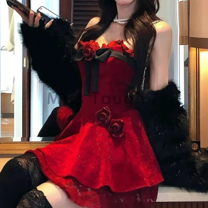 Gothic Y2k Lolita Style One Piece Dress Women Sexy Red Rose Flower Bow Party Mini Dress Japanese Fashion Elegant Dresses 2025