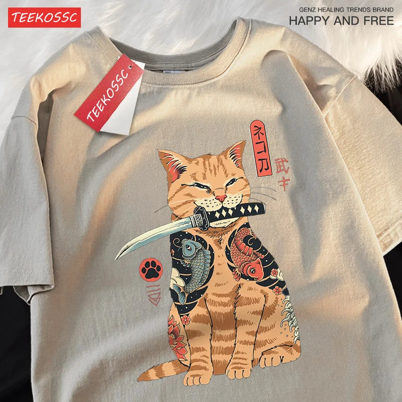 Japanese Harajuku Samurai Sword Cat T-Shirt Men Women Casual Tee Clothes Cotton Summer Tops Breathable Oversized T-Shirts Couple