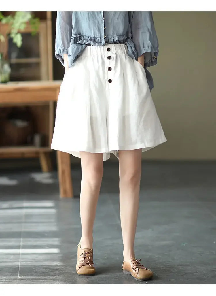 Vintageartistic High-waisted Slimming Cotton Linen Shorts For Women Casual Loose-fit Bell Bottoms 2024 New Style