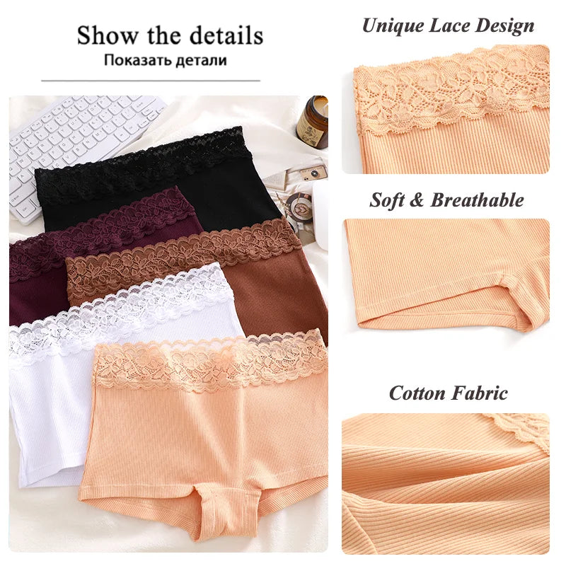 3Pcs Women's Cotton Lace Panties Boxers Seamless Boxer Underwear Female Solid Color Briefs Cozy Lingerie Intimate Underpant S-XL