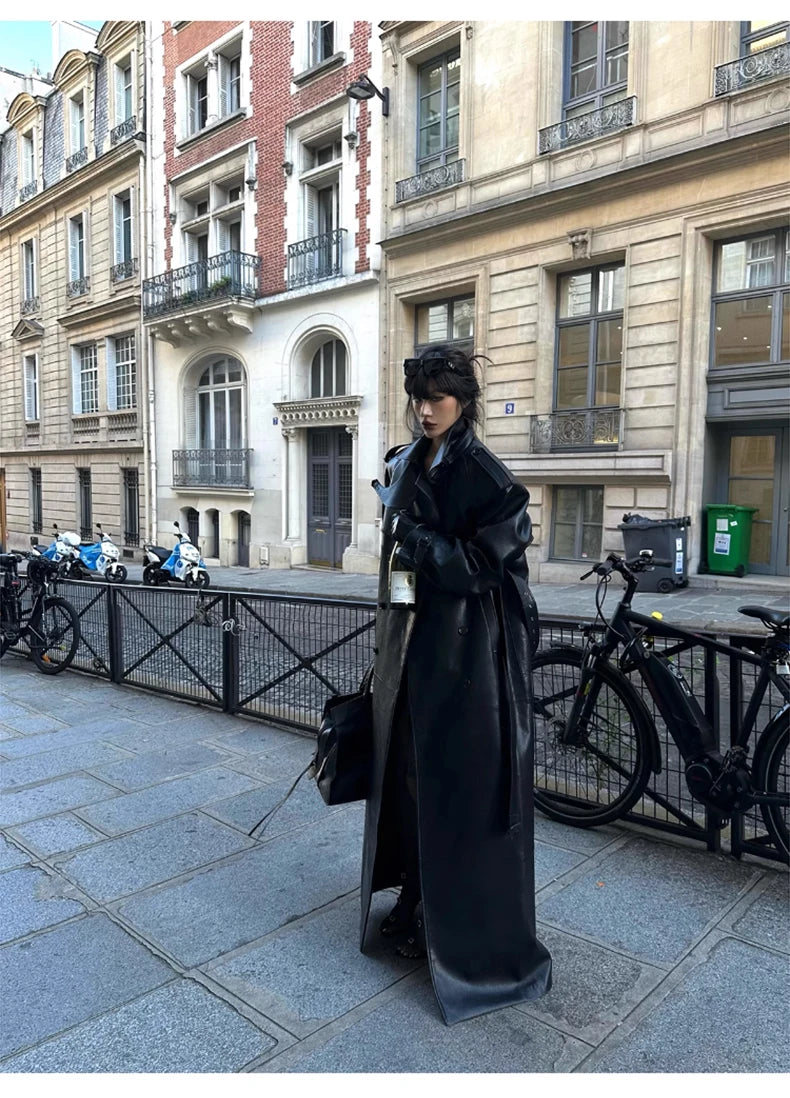 Lautaro Spring Autumn Extra Long Black Pu Leather Trench Coat for Women with Back High Slit Luxury Chic European Fashion 2024