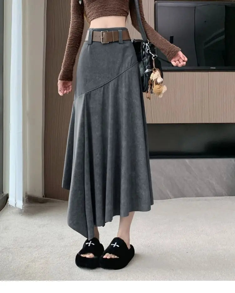 Women Clothing Autumn Korean Fashion Vintage High Waist Asymmetrical Skirts Female Elegant Chic Tie Dye Slim Long Skirt Faldas