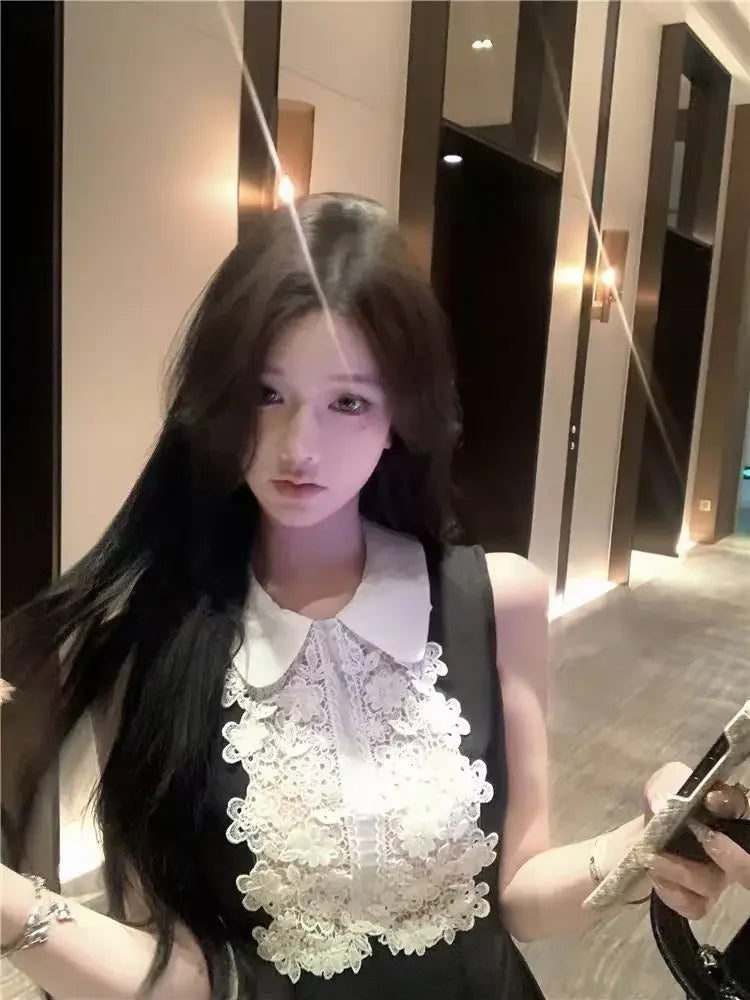 French Style Lace Doll Collar Vest Dress Women Summer Mini Skirt Waist Cinching Sleeveless Black Dress Polo Neckline Polyester F