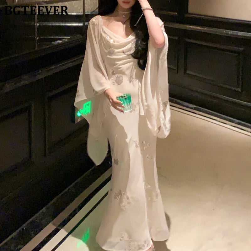 BGTEEVER Autumn Winte Slim OL Embroidery Set Long Sleeve Cardigans & Spaghetti Strap Package Hip Dress Ladies 2 Pieces Set