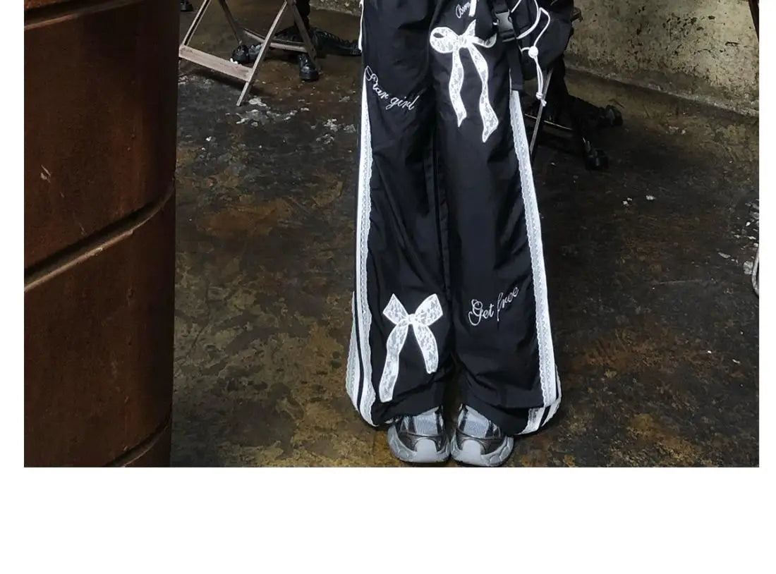 Dophee Original Spice Girls Elastic Waist All-match Loose Straight Wide Leg Pants Cute Bow Printed Splicing Lace Casual Trousers