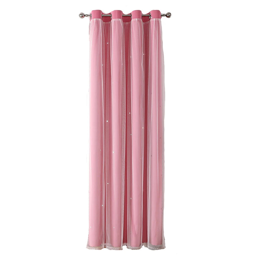1Pc/2Pcs Girls Double Layer Hollow Out Stars Curtains Princess Romantic Bedroom Decor