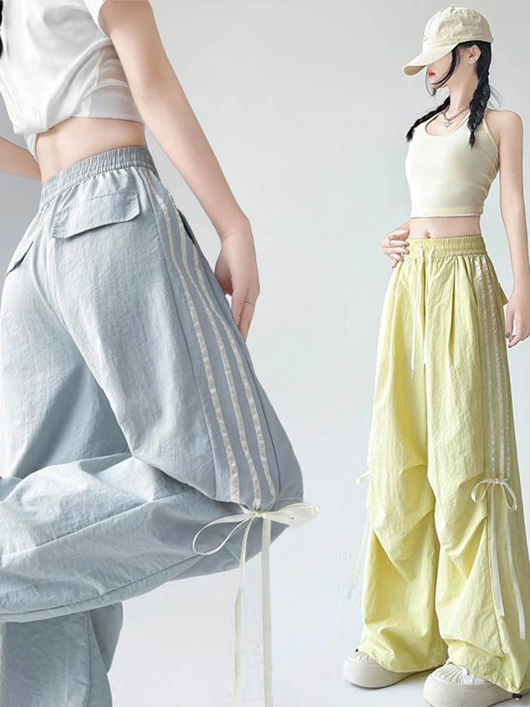 Zoki Dopamine Women Summer Pants Fashion Striped Bow Loose Multicolor Cargo Pants Casual Bf Ladies Trousers New