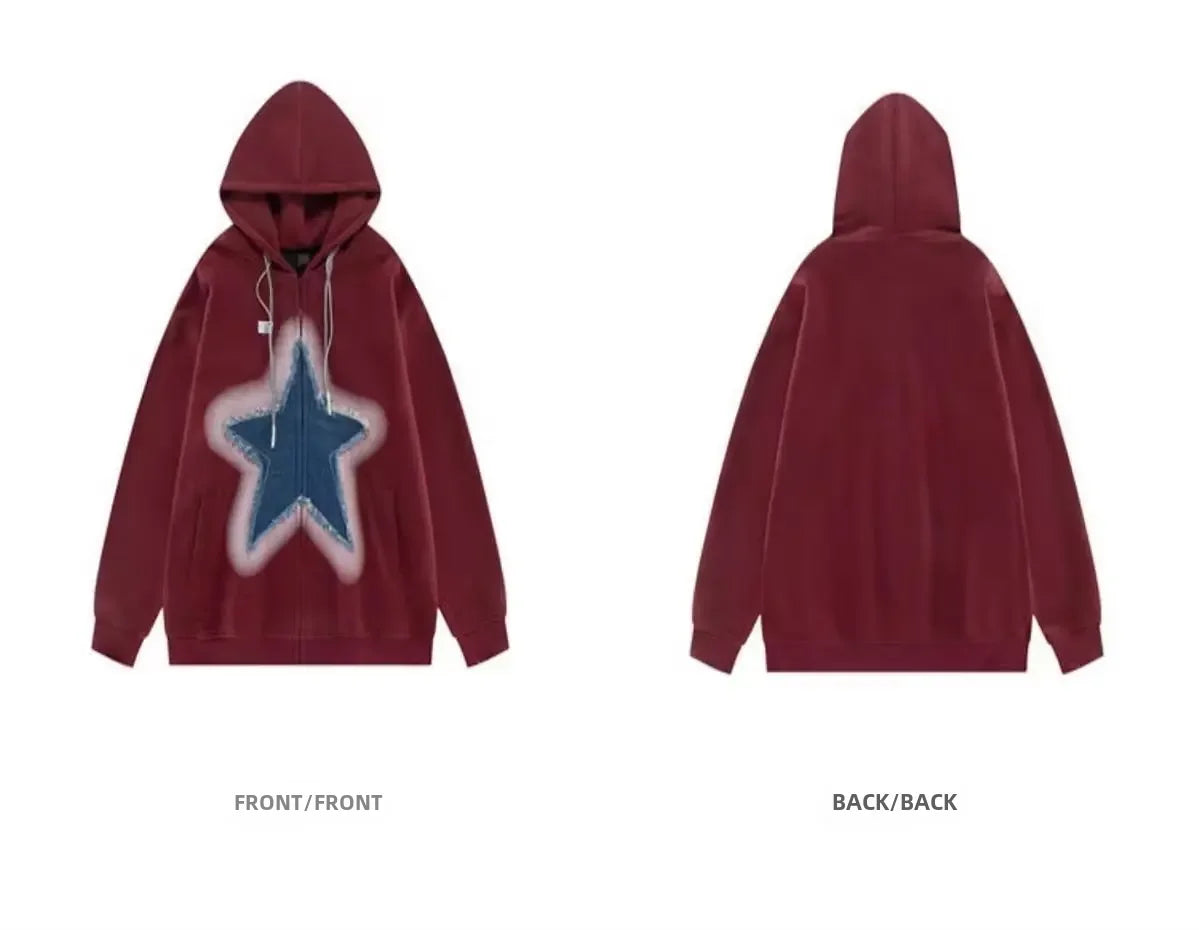 Vintage Star Print Hooded Sweatshirt Unisex Loose Fit Fashion Jacket For Men Women Ideal For Couples