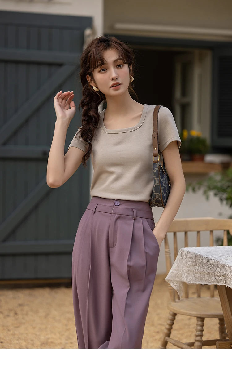 MISHOW Short Sleeve T-shirts Women Spring Solid Square-neck Top Elegant Woman Clothes Office Lady Cotton Tees MXC12T0641