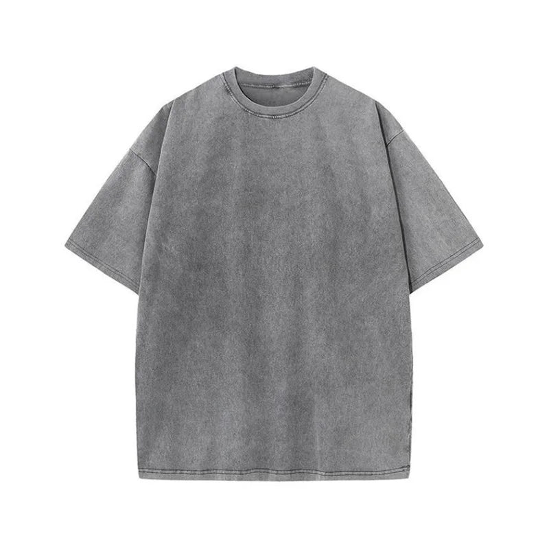 230g American Plus Size Men's 100% Cotton Acid-Washed T-shirts Solid 3D Puff Print Vintage Tee Hip Hop High Street Oversized Top