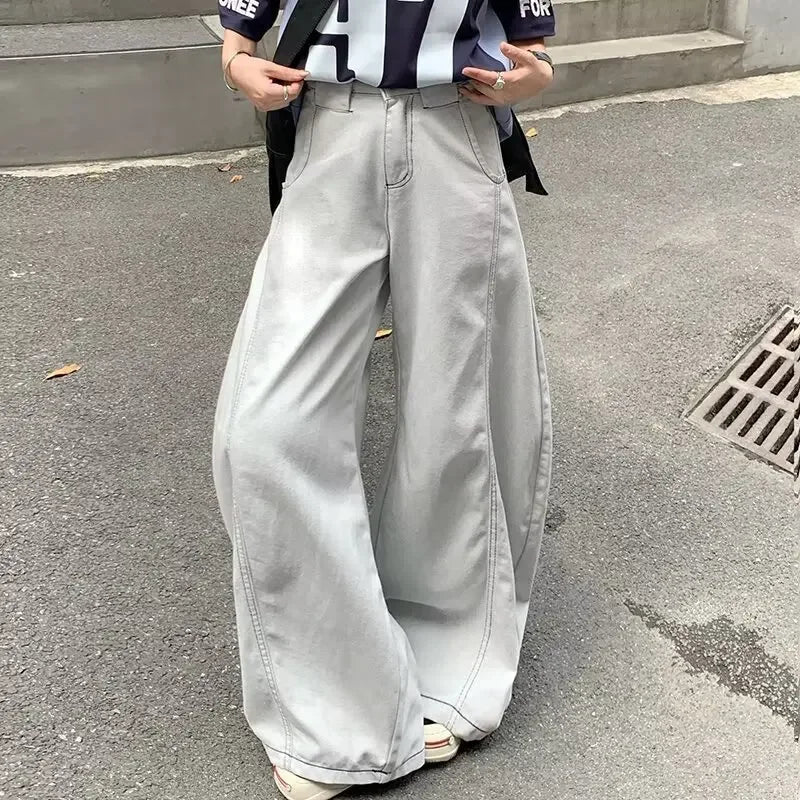 Men's Summer High Waist Straight Leg Jeans Slimming Loose Wide Leg Pants Retro Knife Edge Design Casual Fashion