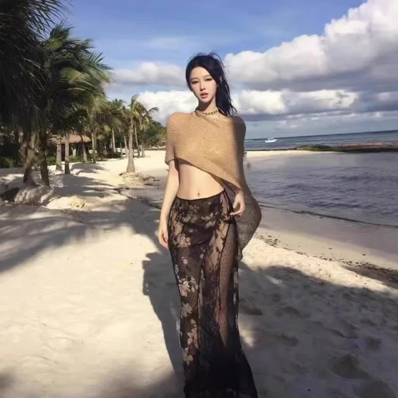 JadedLondon golden knitted hollowed-out one-piece top, neckband shawl, multiple ways to wear, vacation style halter top