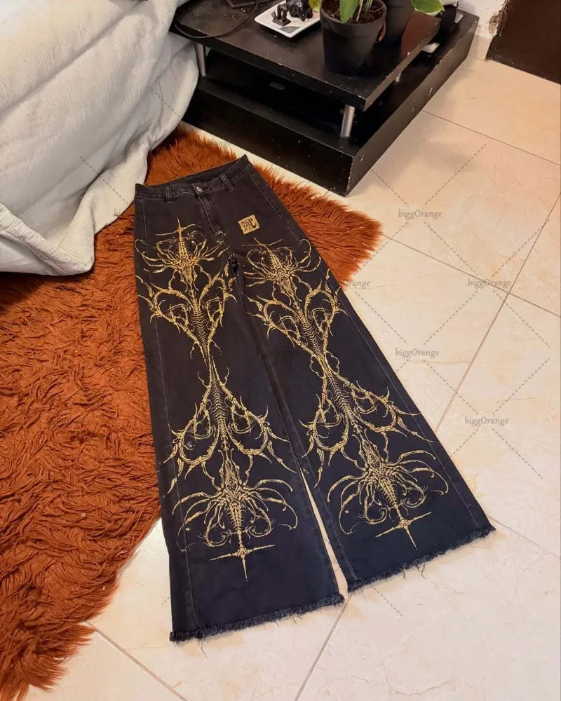 Gothic Harajuku Graphics High Waist Straight Wide Legs American Retro Baggy Jeans Women Trendy Streetwear Harajuku Y2K Pants
