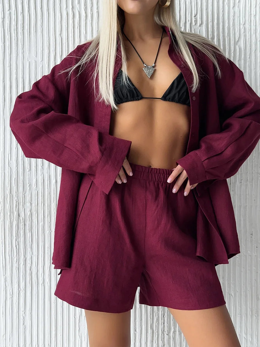 Bornladies Cotton Casual Pants Sets Women's Solid Color Cozy Lapel Long Sleeve Shirt Summer Outfit Elastic Waist Pants Suits