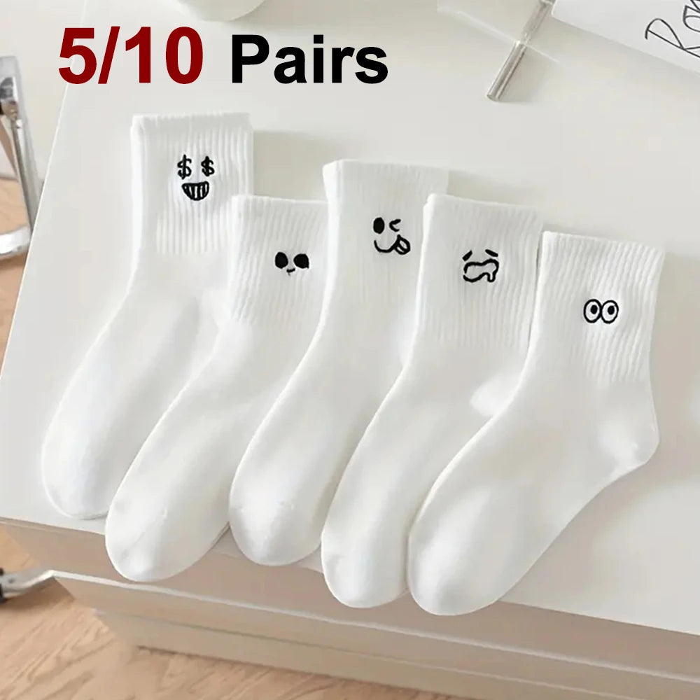 5/10 Pairs Women White Cartoon Socks Trendy Versatile Expression Socks Simple Design Soft Breathable Comfortable Casual Socks