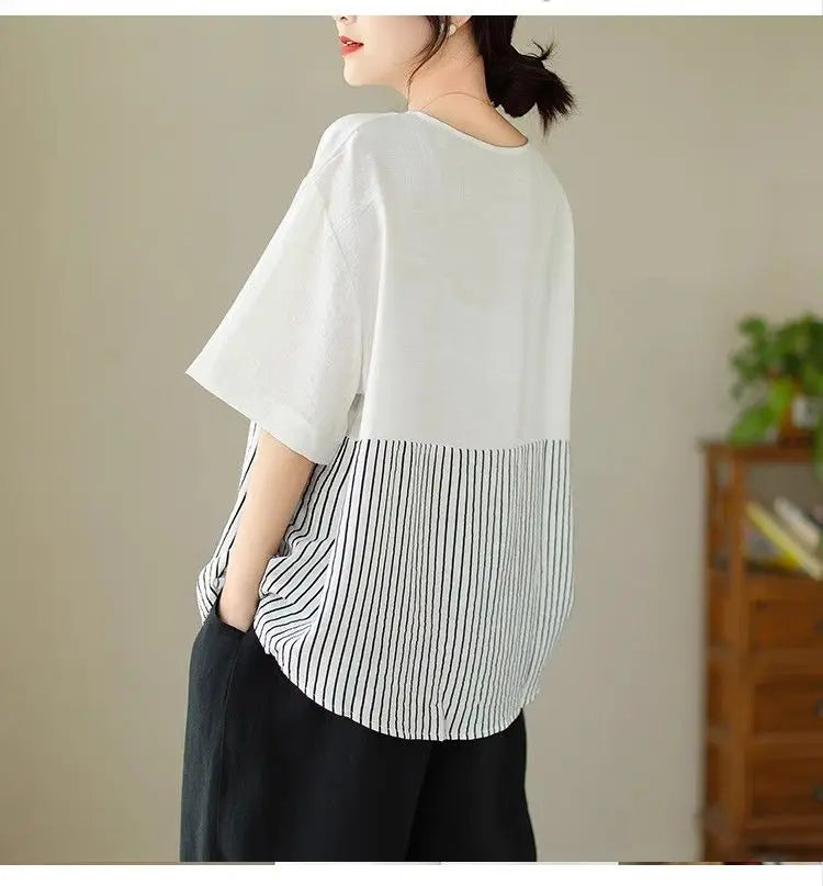 Summer New Plus Size Women's Fashion Striped Patchwork Tops Tees Youth Short Sleeve Loose Vintage T Shirts Casual Trend Clothing