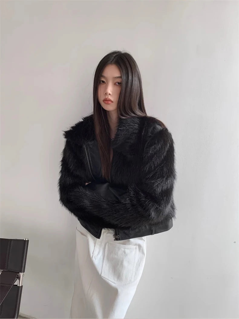 Lautaro Autumn Winter Cool Short Black Soft Thickened Warm Hairy Shaggy Patchwork Faux Fox Fur Coat Women Fluffy Jacket 2023