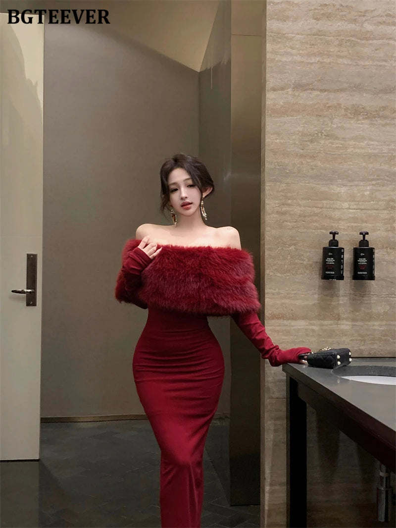 BGTEEVER Autumn Winter Fashion Slash Neck Ladies Skinny Package Hip Sweater Dress Elegant Long Sleeve Female Slim Knitted Dress