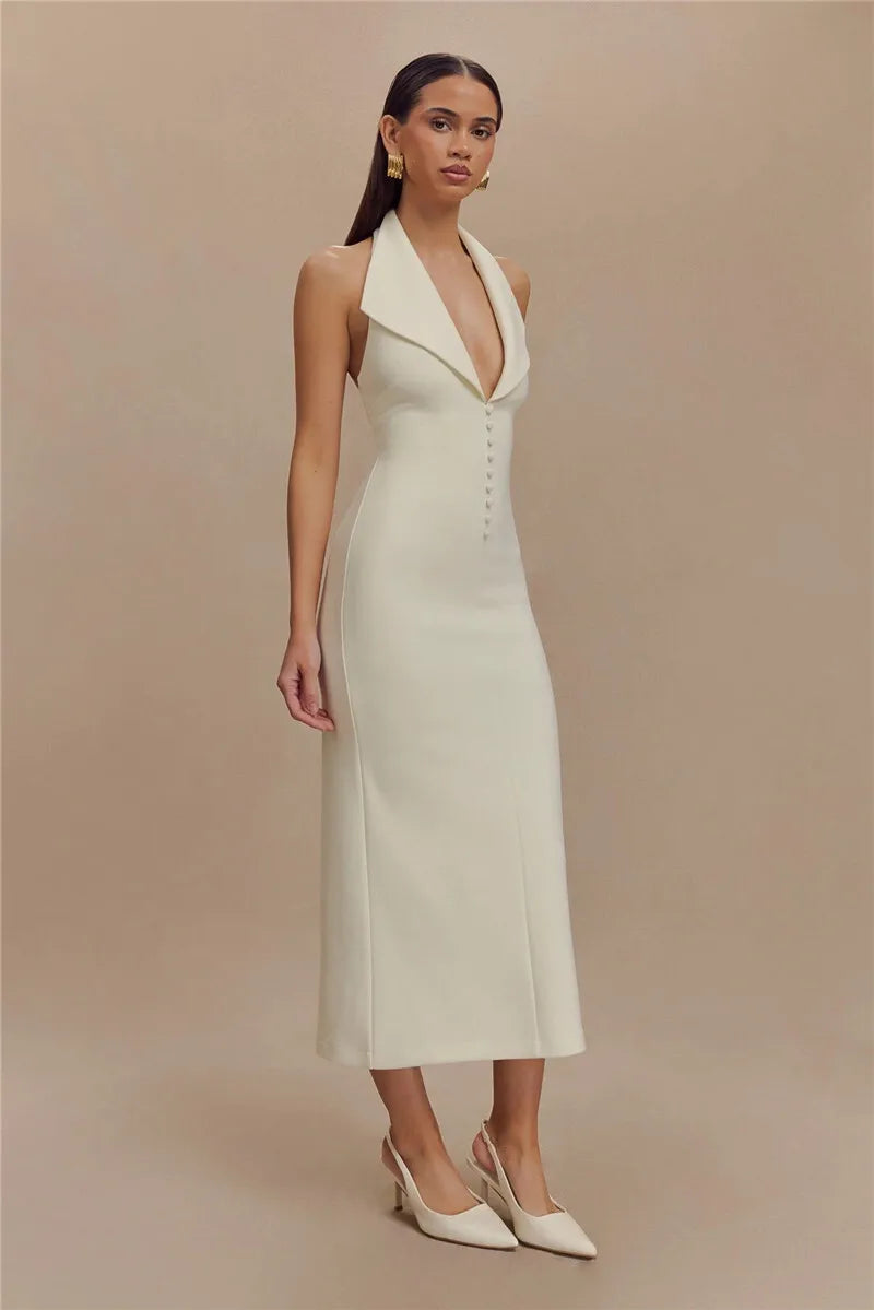 Mozision Halter Deep V Neck Sleeveless Sexy Maxi Dress For Women Elegant Backless Bodycon Tank Dress Femme Fashion Long Dress