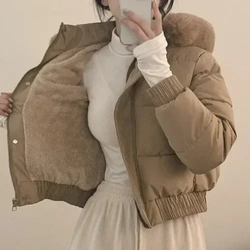 South korea Chic Autumn and Winter Fur Collar Hood Short down Coat Women Fashion Thick Warm Fleece-lined Cotton-padded jacket...