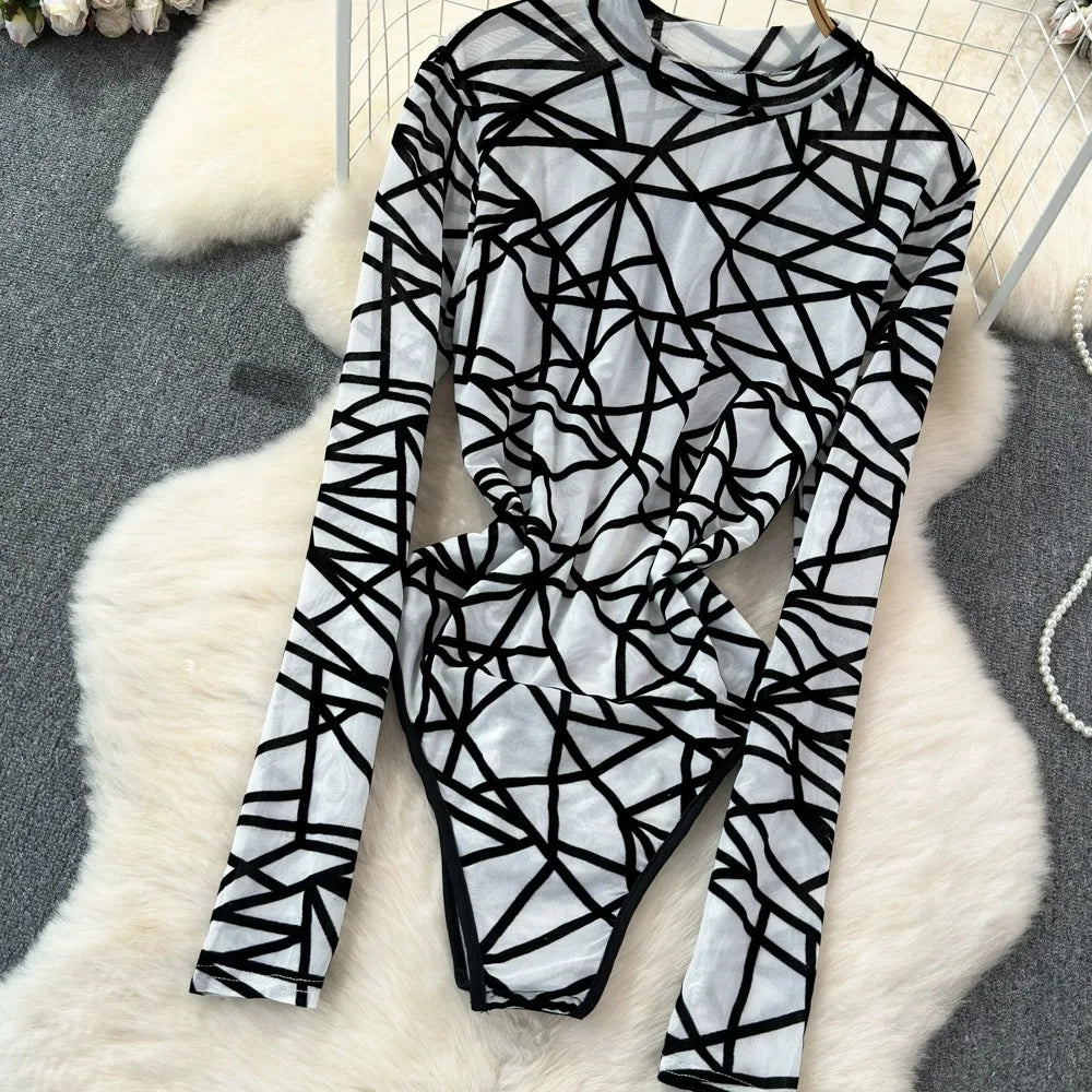 Foamlina Sexy Hollow Out Mesh Bodysuits for Women Fashion Striped Print Stand Collar Long Sleeve Slim Fit Club Party Jumpsuits