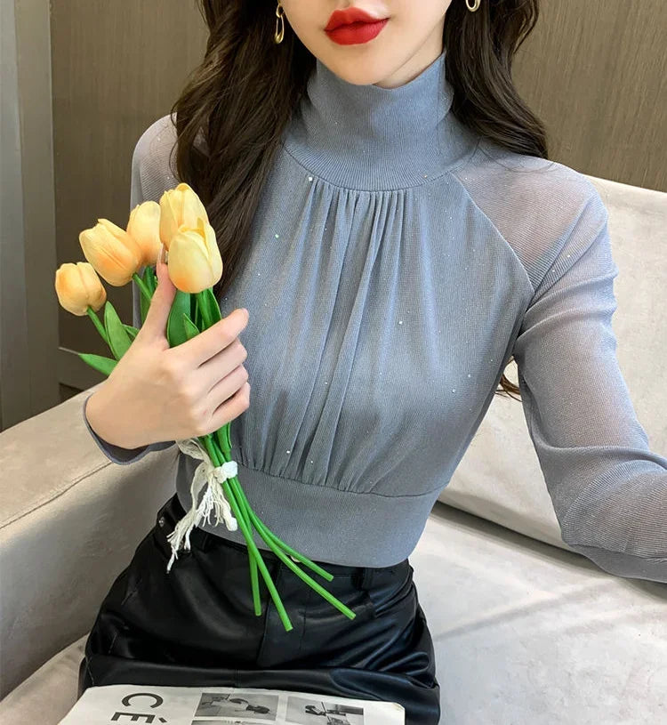 Sequin Long Sleeve T Shirt for Women Rhinestone Slim Plain Glitter Tops Woman Korean Popular Clothes With Sleeves Pulovers Kpop