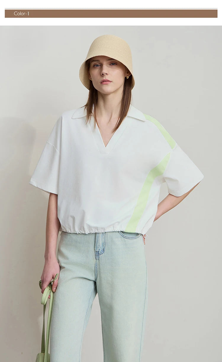 Amii Minimalist Cotton T-Shirts For Women 2025 Summer New V-Neck Pullover Loose Short Shoulder Sleeve Chic Commute Tops 12552001