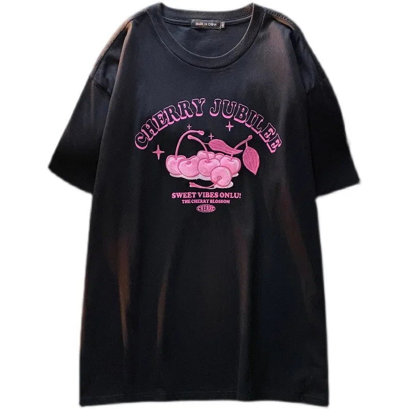 Women's Cartoon Cherry Print Loose Fit Short Sleeve T-Shirt Polyester Crew Neck Top Sweet Lazy Couple Shirt Trendy
