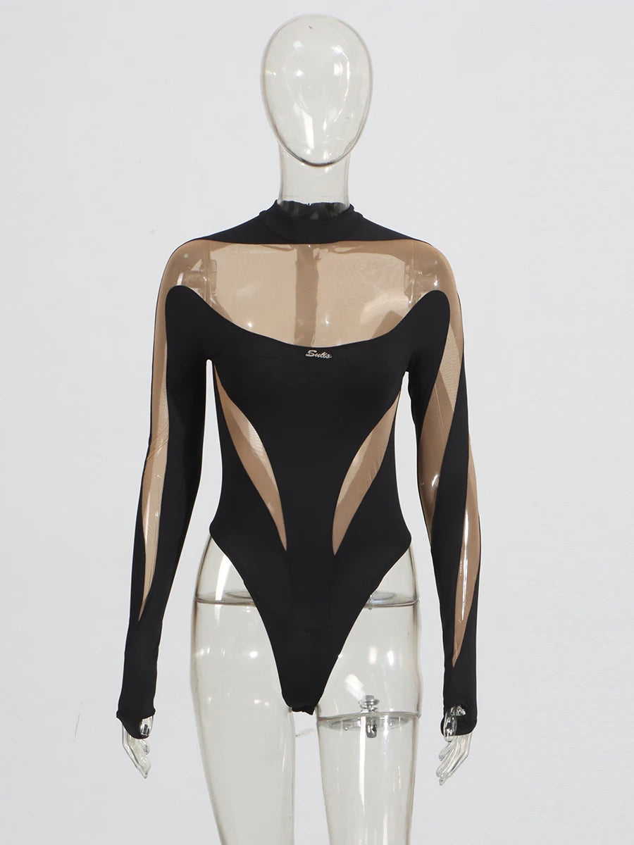 CHICEVER Sexy See Through Jumpsuit for Women Stand Collar Long Sleeve Colorblock Hot Girl Style Playsuit Female Summer Clothing