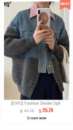 [EWQ] Big Size Long Sleeve Hooded Zipper Decorate Blue Knit Cardigan Women Thick Sweater Jacket 2024 Autumn New Fashion 16O2559