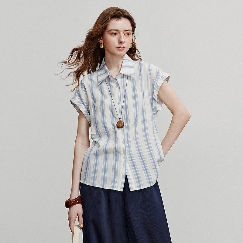 TOYOUTH Women Blouse Shirt 2025 Summer New Blue and White Striped Sleeveless Turn Down Collar Casual Shirt Tops 8522042