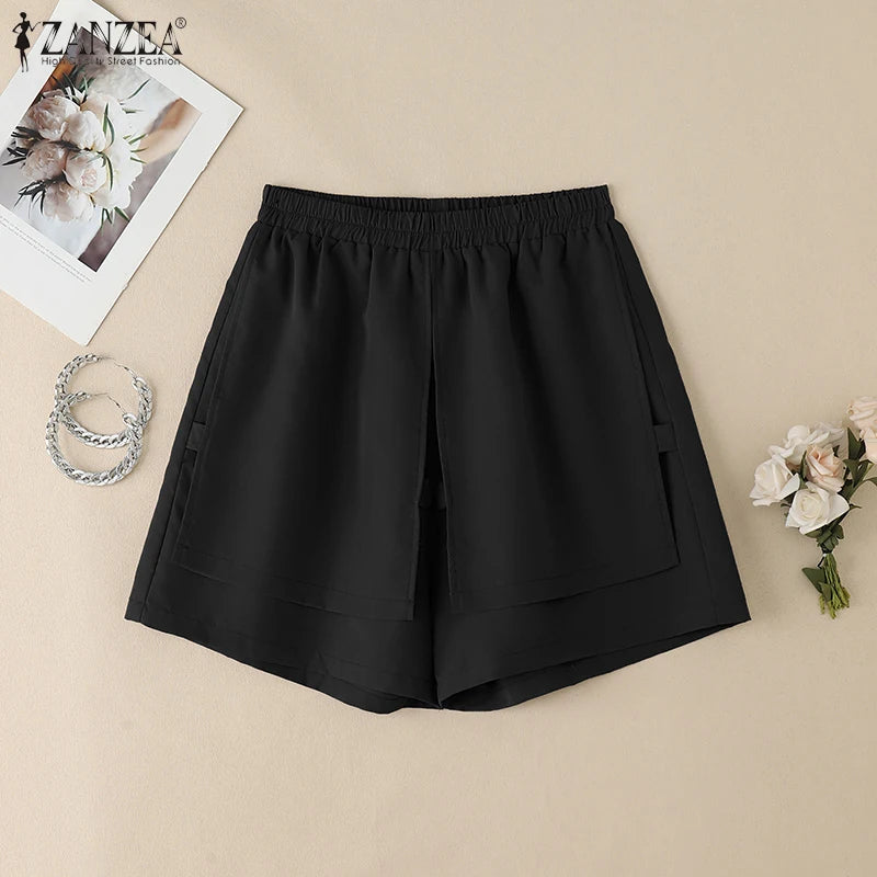 2025 ZANZEA Summer Shorts Women Fashion Casual Elastic Waist Trousers Vintage Holiday Beach Pant Solid Loose Pantalon Plus Size
