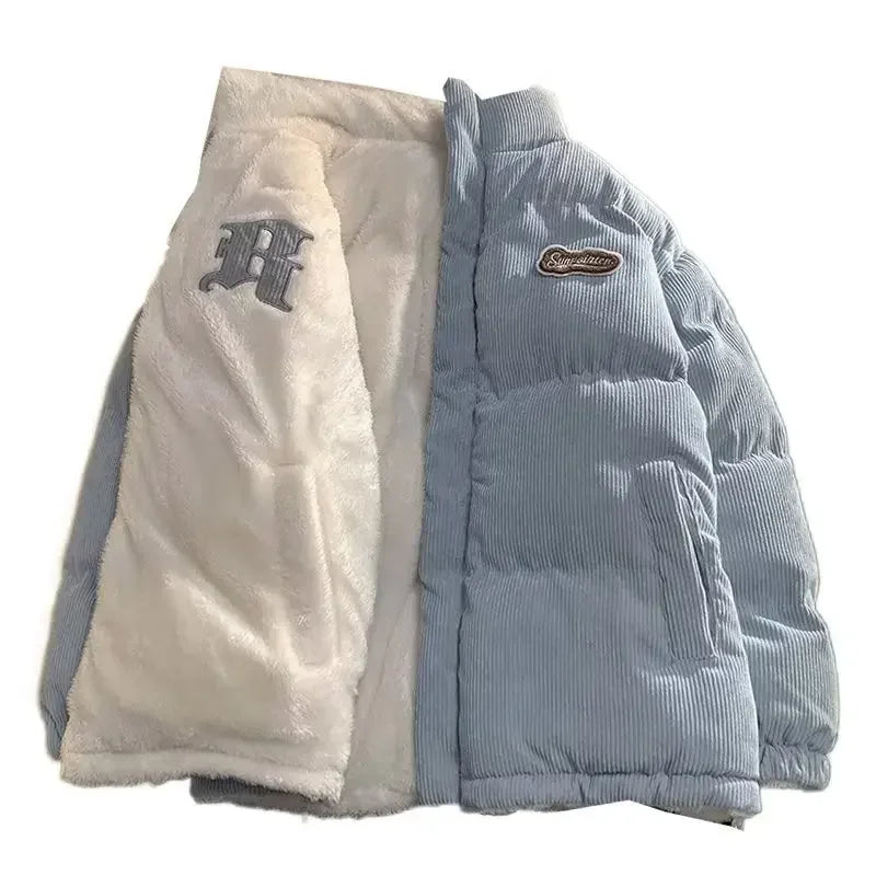 Fog Blue Cotton-padded Coat Men's Winter Thickened Hong Kong Style Corduroy Cotton Jacket Design Sensibility Niche 2023 Workwear