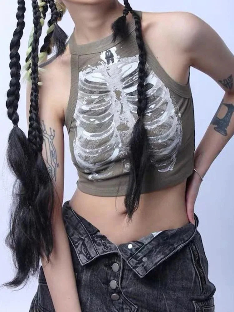 Punk Aesthetic Cyber Retro X-ray Skeleton Print Rib Sleeveless Vest ArmyGreen Crop Top Designer Clothes Women 2023 Summer Emo