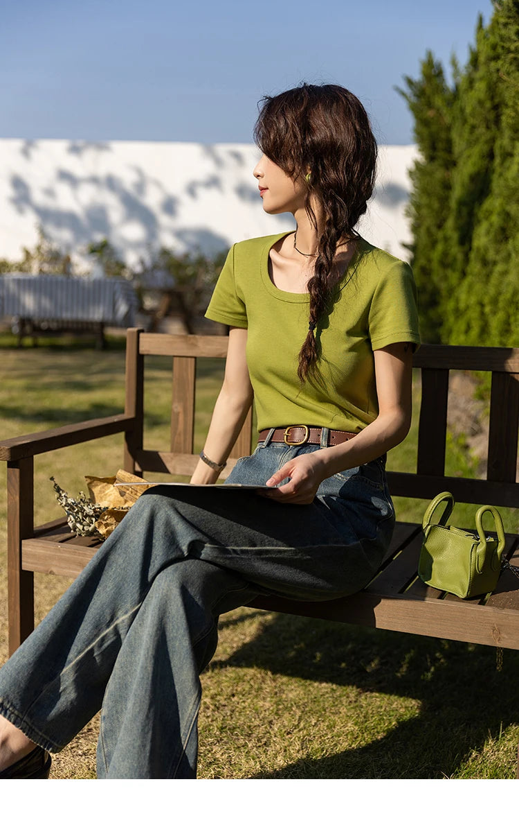 MISHOW Short Sleeve T-shirts Women Spring Solid Square-neck Top Elegant Woman Clothes Office Lady Cotton Tees MXC12T0641